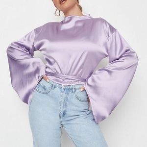 Missguided purple/lilac tie waist flare sleeve satin top size 6